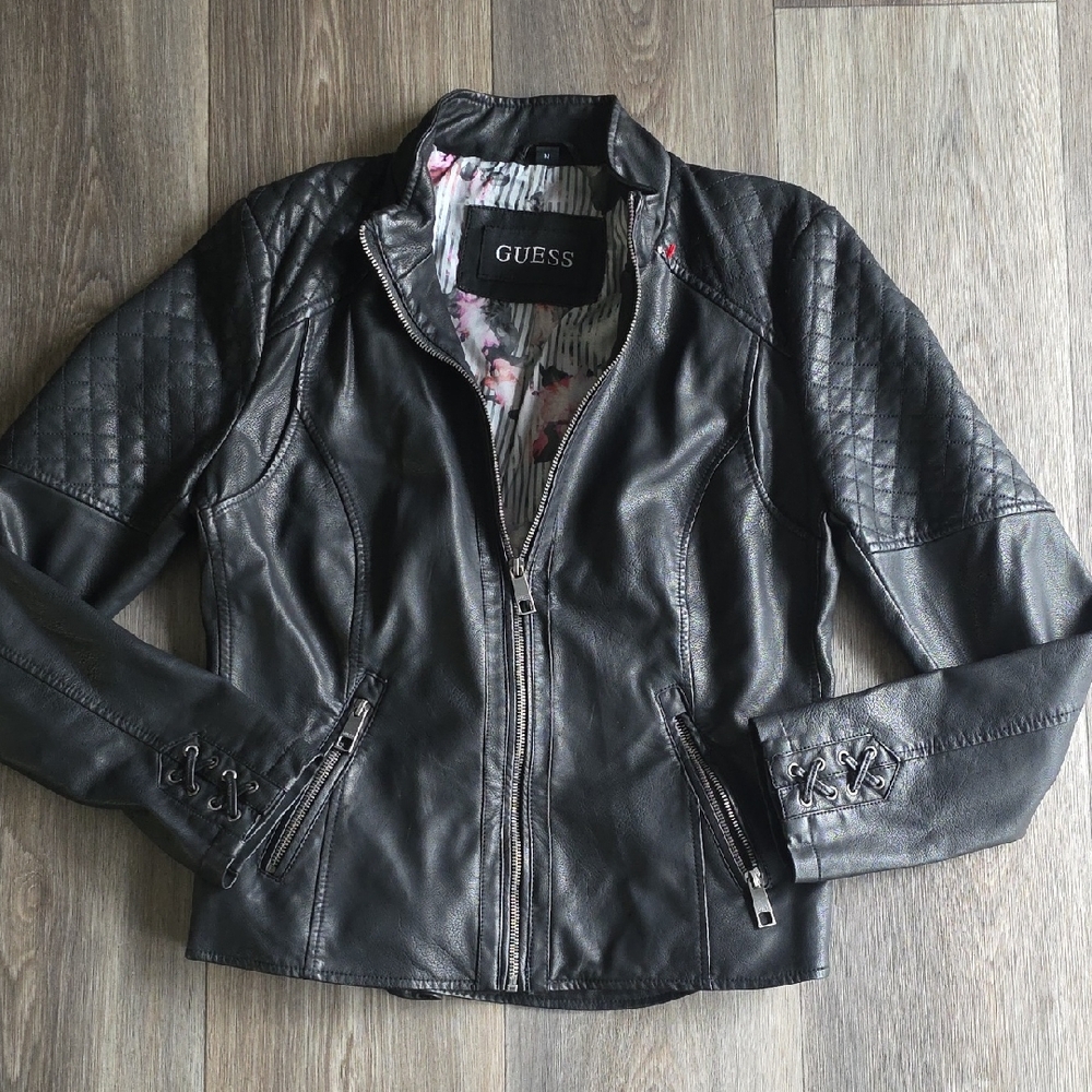 GUESS Black Quilted-Sleeve Leather Moto Jacket with Lace-Up Cuffs
